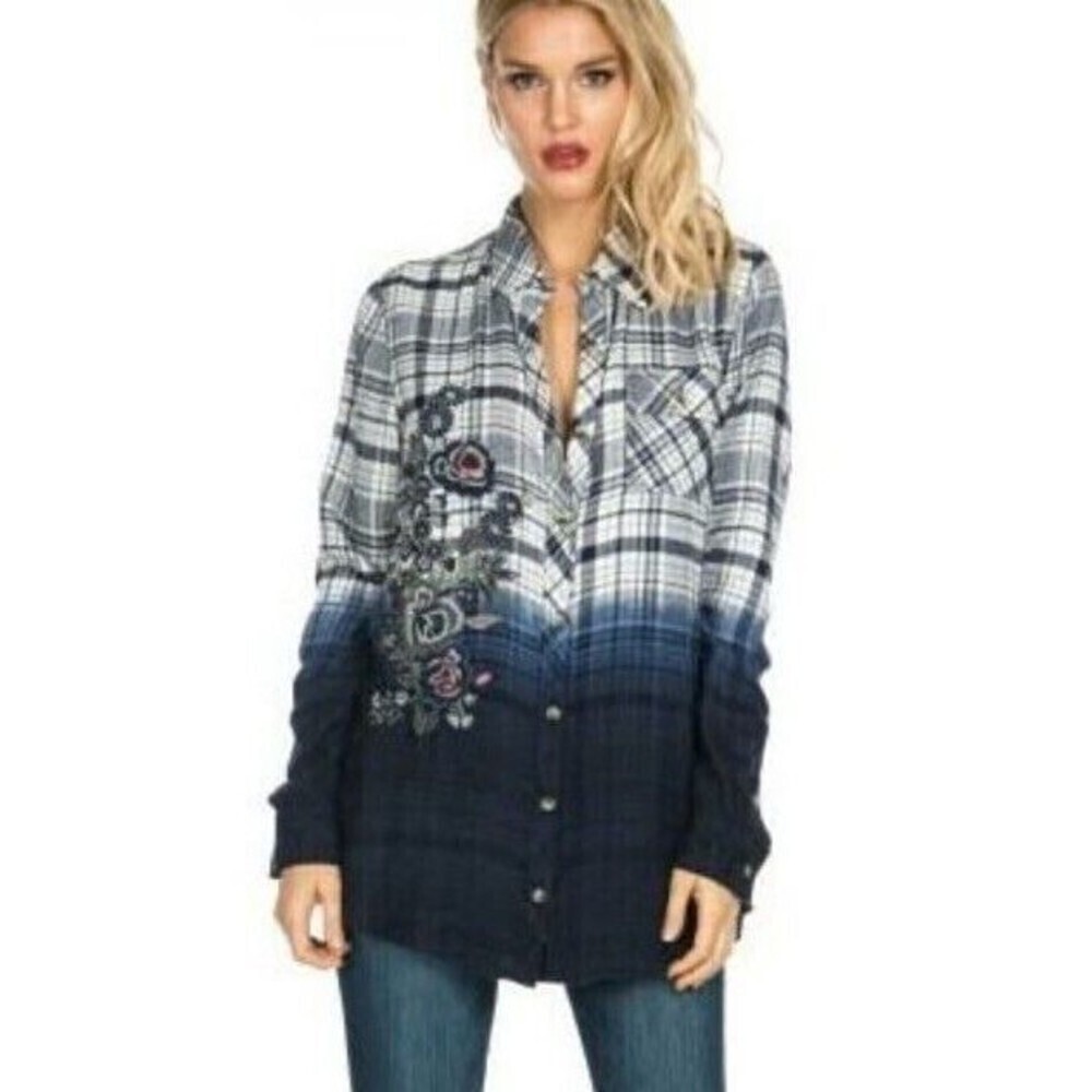 Tolani Emma Plaid Blue Viscose Dip‎ Dye Button Down Blouse 3X​​​​​​